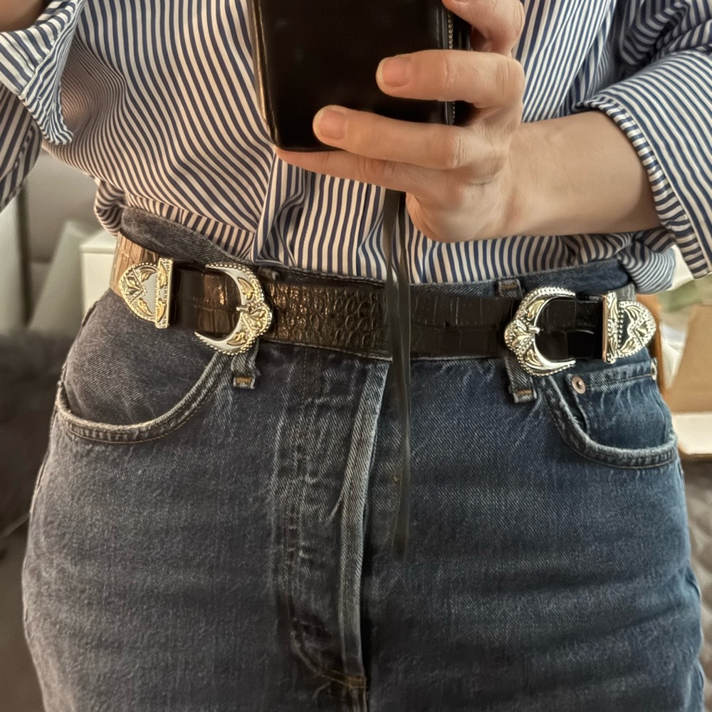 Maje Black Croc-Embossed Leather Belt with Silver Buckle